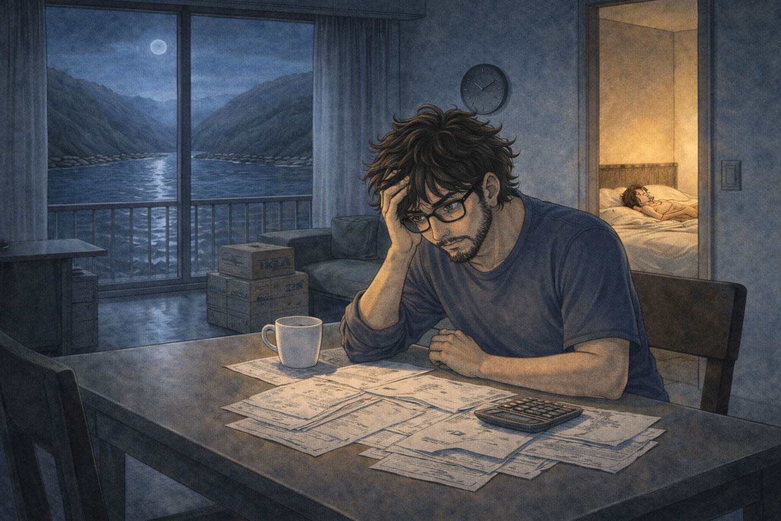 Night — Faris alone at a kitchen table, salary slips and bills spread before him. The fjord visible through the window, Mia asleep in the next room.